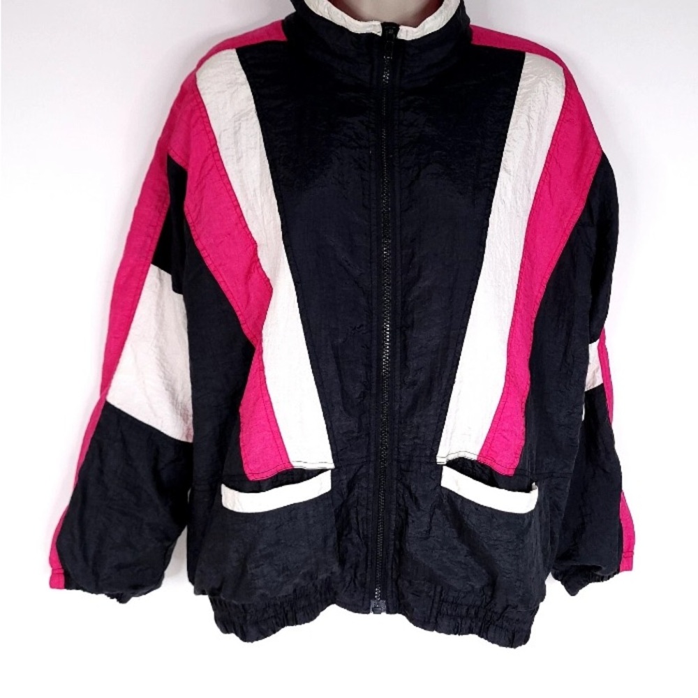 Vintage 80s Bold Spirit Windbreaker Jacket Womens Medium Petite Pink Black 90s